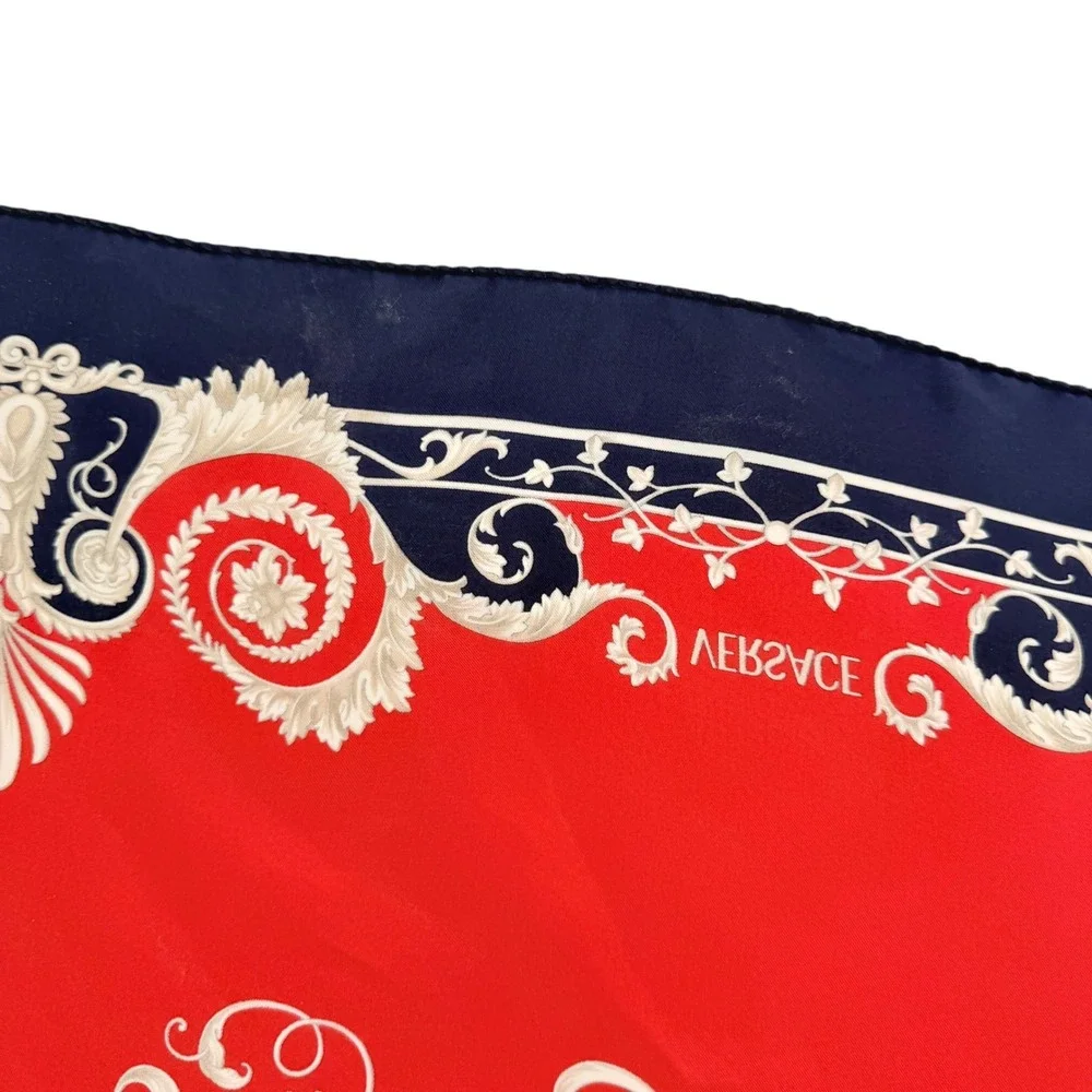 Versace Silk Scarf Red Navy Baroque Filigree Ornate Square 34